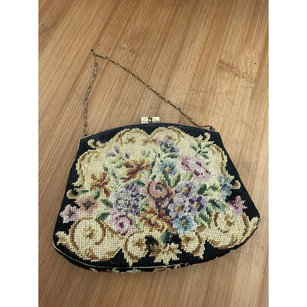 Victorian Style Floral Embroidered Tapestry Evening Bag with Brass Chain & Clasp